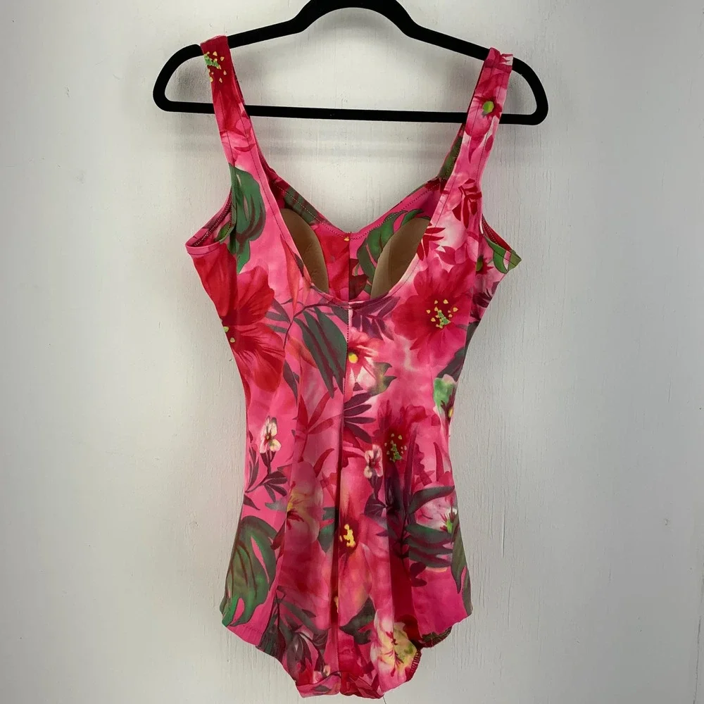 Maxine Pink Tropical Floral Ruched One Piece Swimsuit V-Neck Size 10